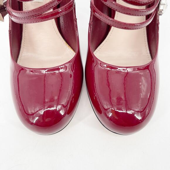 Miu Miu Burgundy Patent Leather Crystal Strap Mary Jane Block Heel Pump IT 36 - Picture 6 of 13